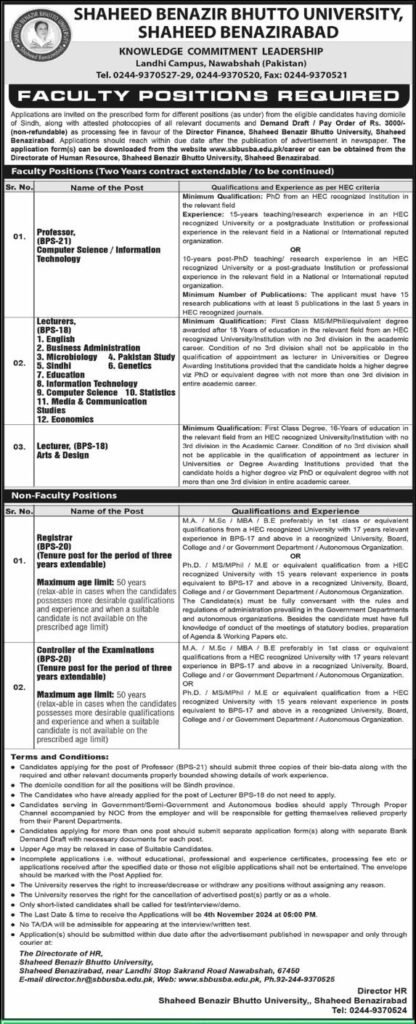 Shaheed Benazirabad Bhutto University Shaheed Benazirabad Jobs Oct 2024