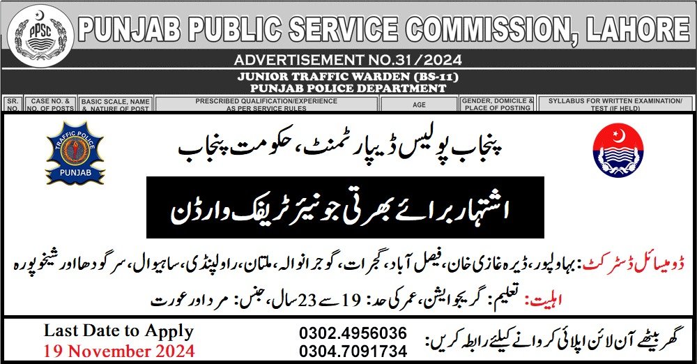 New Punjab Police Jobs November 2024 Junior Traffic Warden