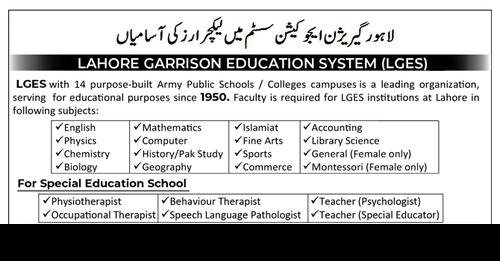 New Teaching Jobs in Lahore Garrison Education System 2024