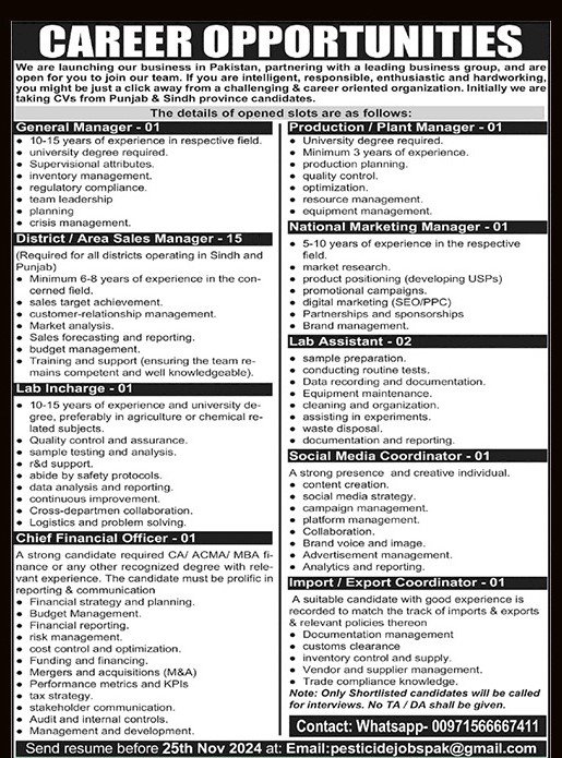 New Pesticide Company Jobs in Pakistan 2024 Punjab Sindh Latest Jobs