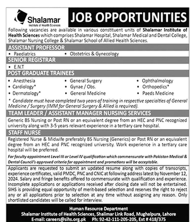 Shalamar Institute of Health Sciences Lahore Jobs