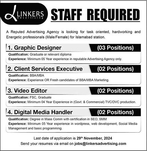 Linkers Advertising Islamabad Jobs 2024 Graphic Designer Client Services Executives & Others Latest Jobs